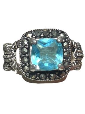 Vintage Blue Topaz Marcasite Sterling Silver Ring Sz 5.5